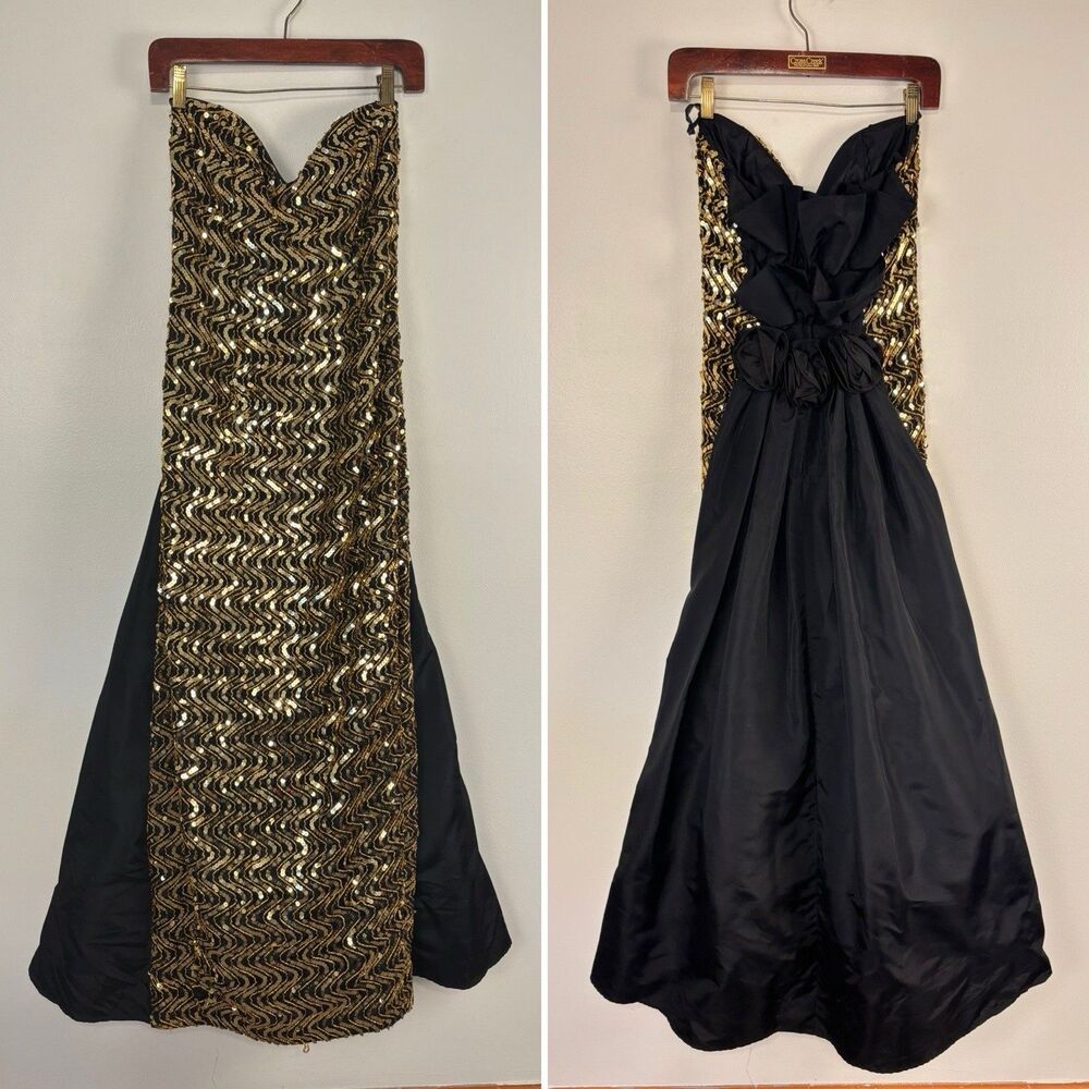 Vintage Jessica McClintock Gunne Sax Sequin Gown Dress Black Gold Size 7/8 USA